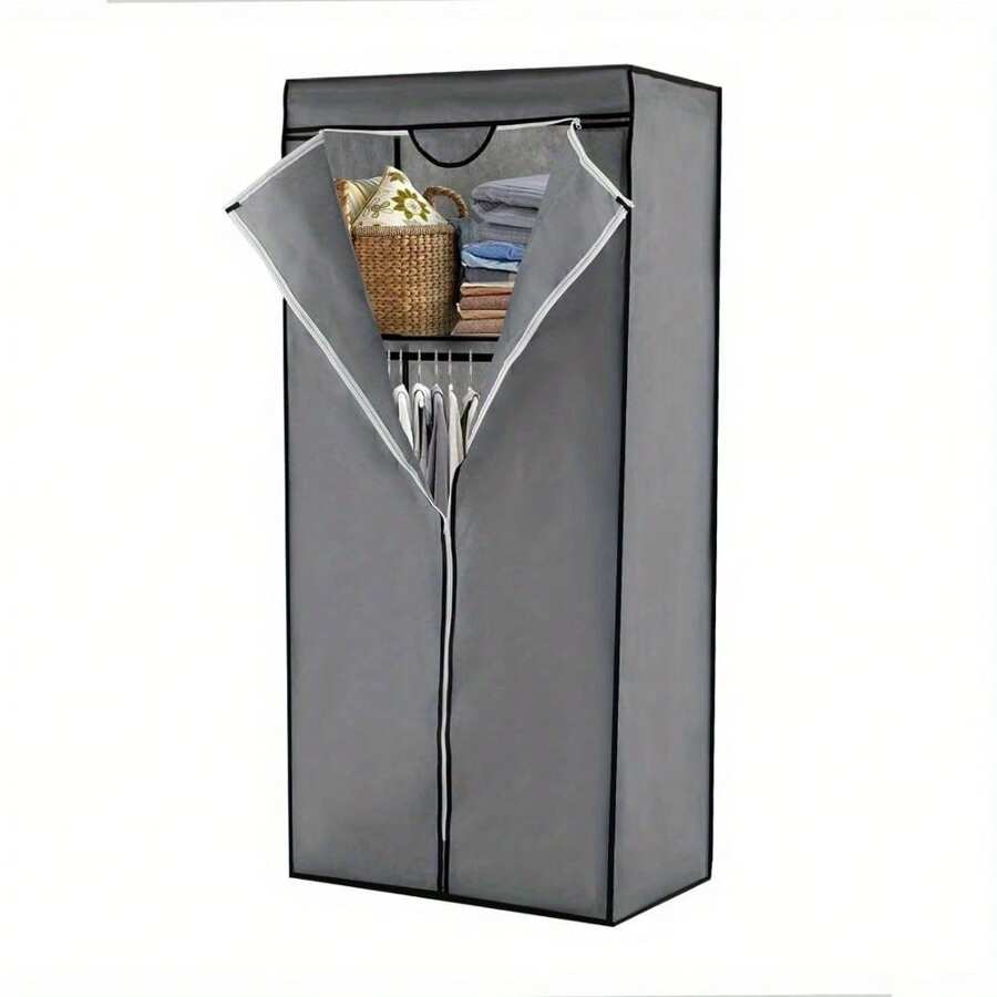 Canvas Fabric Wardrobe Single Clothes Hanging Rail Shelves Storage 68x45x158cm Grey - Gray - View 1