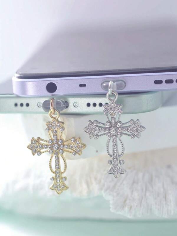 1PC Rhinestone Studded Gold/Silver Cross Pendant Phone Dustproof Plug, Compatible With Iphone/Type-C Charging Port Dustproof Headphone Jack Dust Plug
