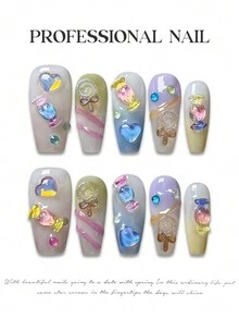 10PCS Fake Nails With Heart Decal Luxurious Shiny Smooth Texture Design False Nails For Nail Salons And DIY Nail Art - Multicolor - View 5