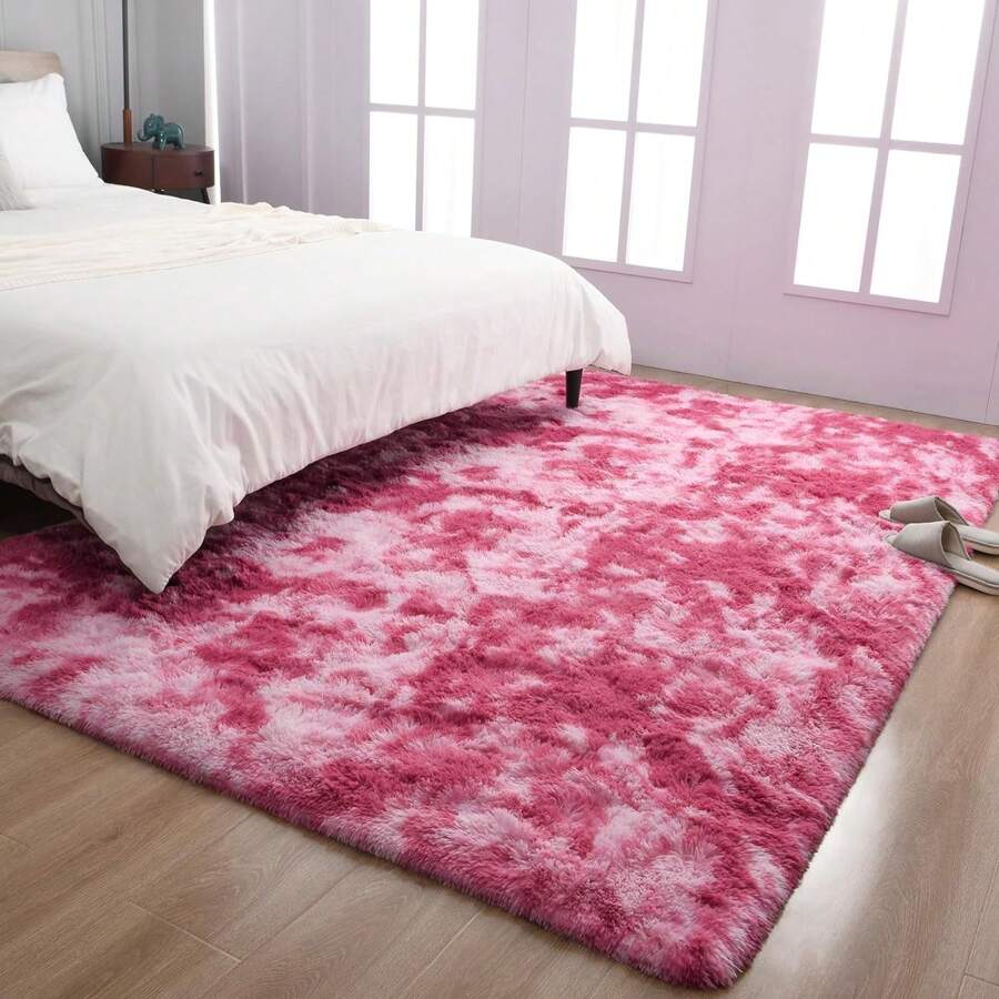 Tie-Dye Luxury Velvet Shag Area Rug Modern Indoor Fluffy Rugs, Extra Comfy And Soft Carpet For Bedroom Living Room Kids Room - 玫紅色 - 查看 1