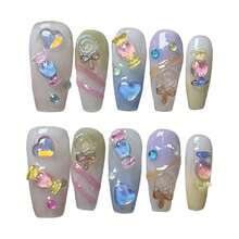 10PCS Fake Nails With Heart Decal Luxurious Shiny Smooth Texture Design False Nails For Nail Salons And DIY Nail Art - Multicolor - View 12