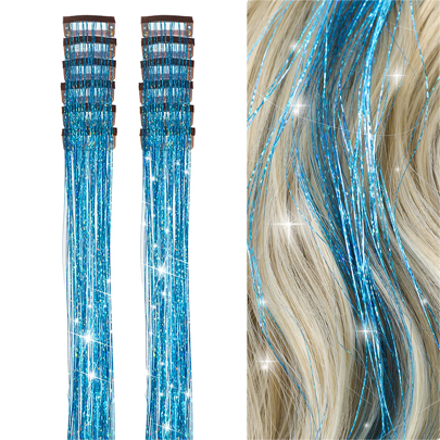 6Pcs Hair Tinsel Clip In 23.6Inch Glitter Tinsel Hair Extensions Clip In Hair Tinsel Kit Heat Resistant Shiny Sparkle Fairy Hair Accessories For Women (Sky Blue)