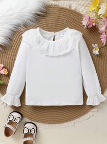 Young Girl Sweet And Cute Lace Edge Collar Solid Color T-Shirt , Soft, Comfortable, Breathable And Casual