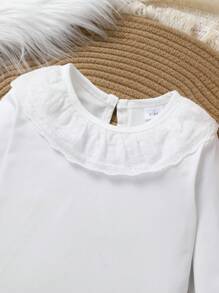 Young Girl Sweet And Cute Lace Edge Collar Solid Color T-Shirt , Soft, Comfortable, Breathable And Casual
