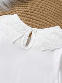 Young Girl Sweet And Cute Lace Edge Collar Solid Color T-Shirt , Soft, Comfortable, Breathable And Casual