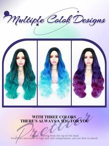 26 英寸长蓝色波浪假发渐变蓝色波浪美人鱼假发蓝绿色卷发合成假发圣诞礼物 - 紫色 - 查看 8