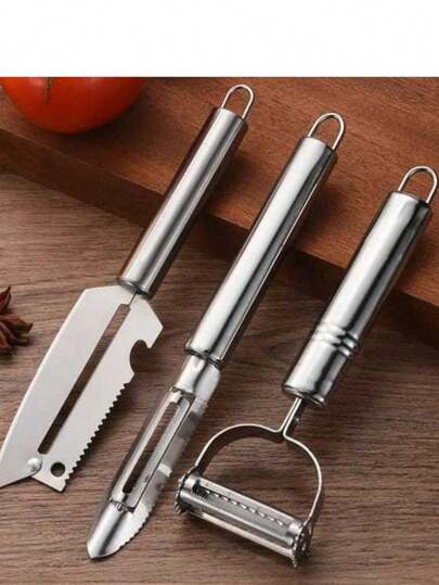 Kit com 03 Descascadores Inox Queijo Legumes Frutas Tira Escama Peixe