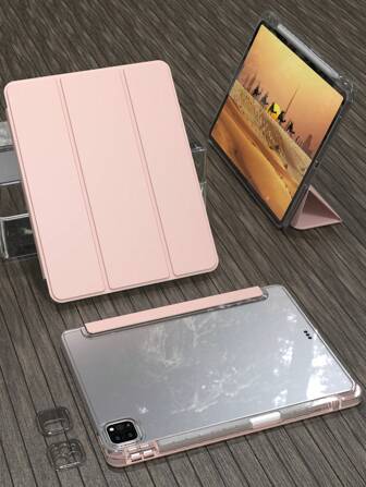 1个三折式全透明iPad保护壳，超薄支架防震防摔笔槽，适用于iPad Mini 4/5/6、9.7/10.2/10.5英寸、Air 4/5/6/7、第十/十一代、Pro 11英寸、Air 11(M2)、Air 13和Pro 11(M4)等型号。透明后盖，高透光度，方便DIY个性化定制 - 粉色