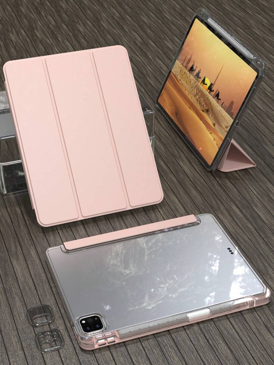 1个透明三折iPad保护壳，超薄支架，防震，带笔槽，适用于iPad Mini 4/5/6、9.7/10.2/10.5英寸、Air 4/5/6/7、第十/十一代、Pro 11英寸、Air 11(M2)、Air 13和Pro 11(M4)等。透明后盖，高透光率，方便DIY定制 - 粉色