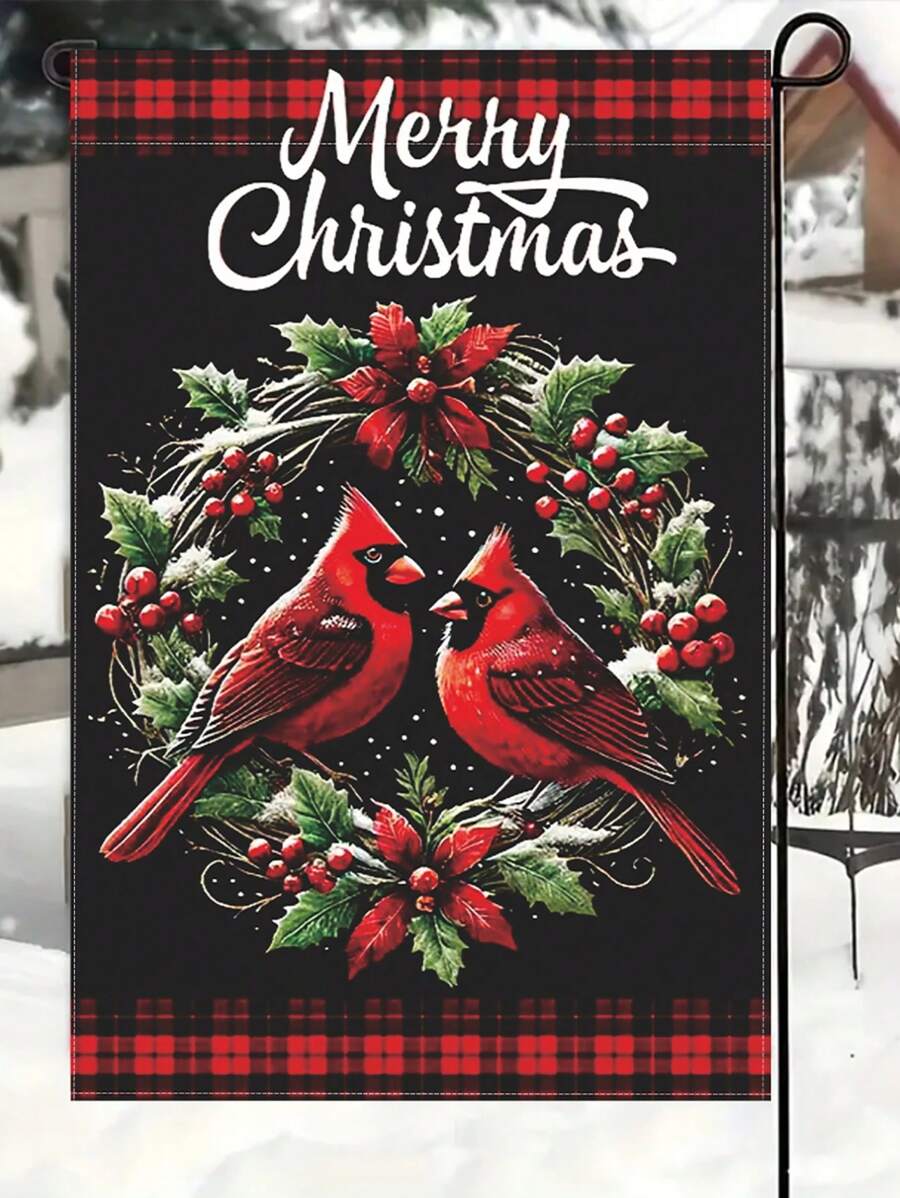 1 lá cờ sân vườn Giáng sinh hai mặt lễ hội: Thiết kế hình chim đỏ và quả tầm gửi, 11,8x17,7 inch, hoàn hảo để trang trí ngoài trời cho dịp Giáng sinh - Nhiều màu - Xem 1