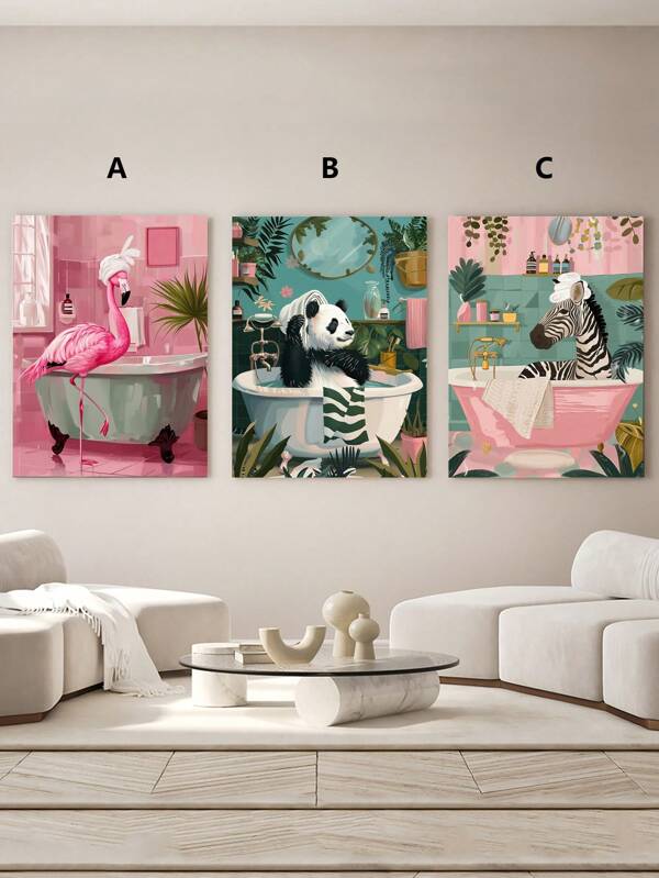 1/3 piezas Póster de moda impreso en lienzo con marco, arte de pared de lienzo de animales para baño, Flamenco, Panda, Cebra, pintura de pared de ducha, decoración de pared para dormitorio, oficina, sala de estar, club, decoración del hogar, regalo creativo