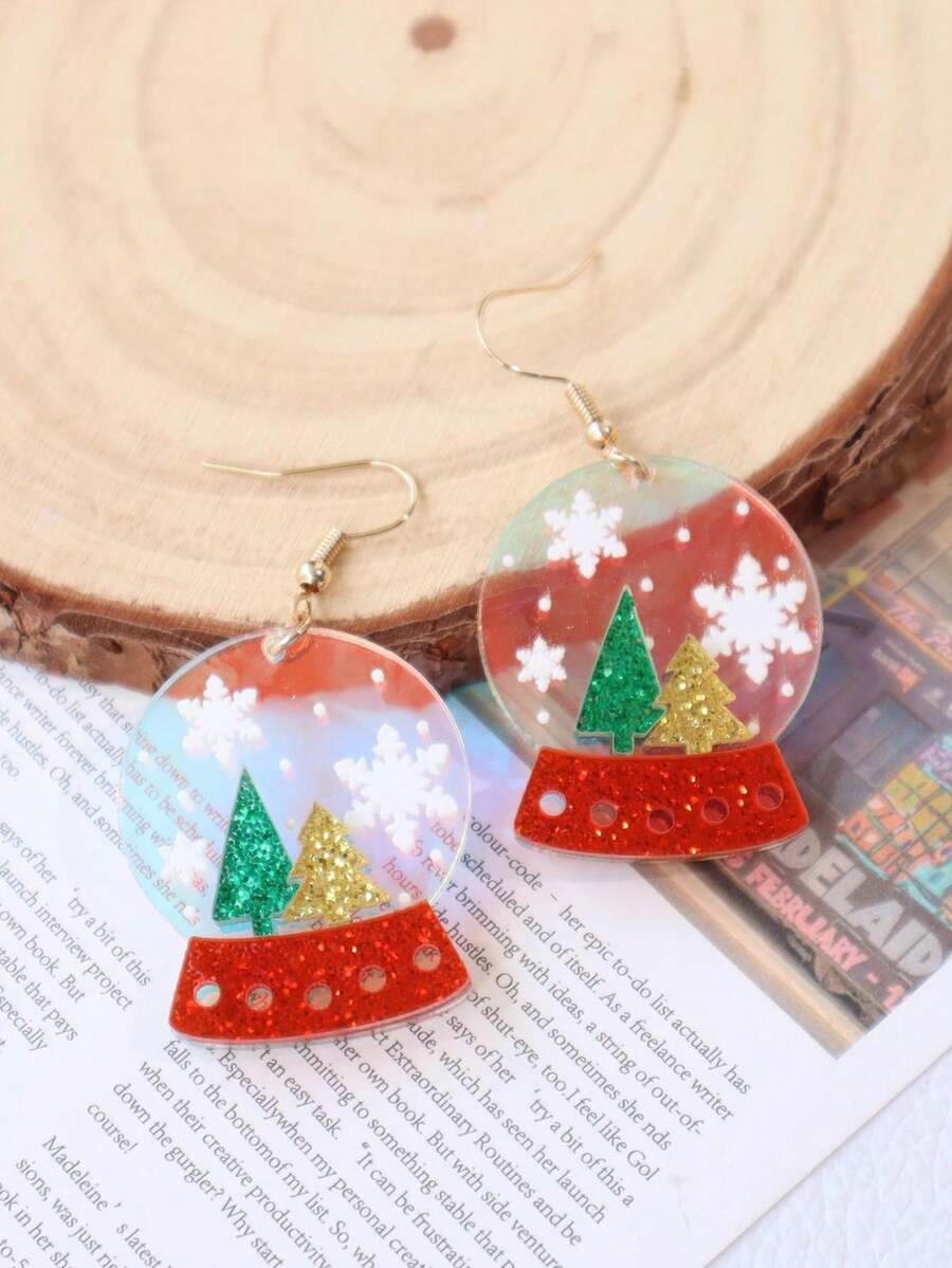 1 Cặp bông tai hình quả cầu pha lê trong suốt in hình bông tuyết bằng Acrylic hình cây thông Noel, Bông tai dễ thương lấp lánh Quà tặng ngày lễ - quả cầu pha lê giáng sinh - Xem 1