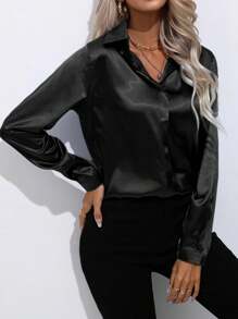 女士优雅翻领单排扣仿丝缎纯色长袖衬衫 - 黑色 - 查看 6