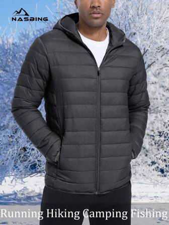 NASBING Men's Lightweight Packable Hooded Puffer Jacket Water Resistant Windproof Alternative Quilted Lined Winter Coat Running Fishing Camping Hiking