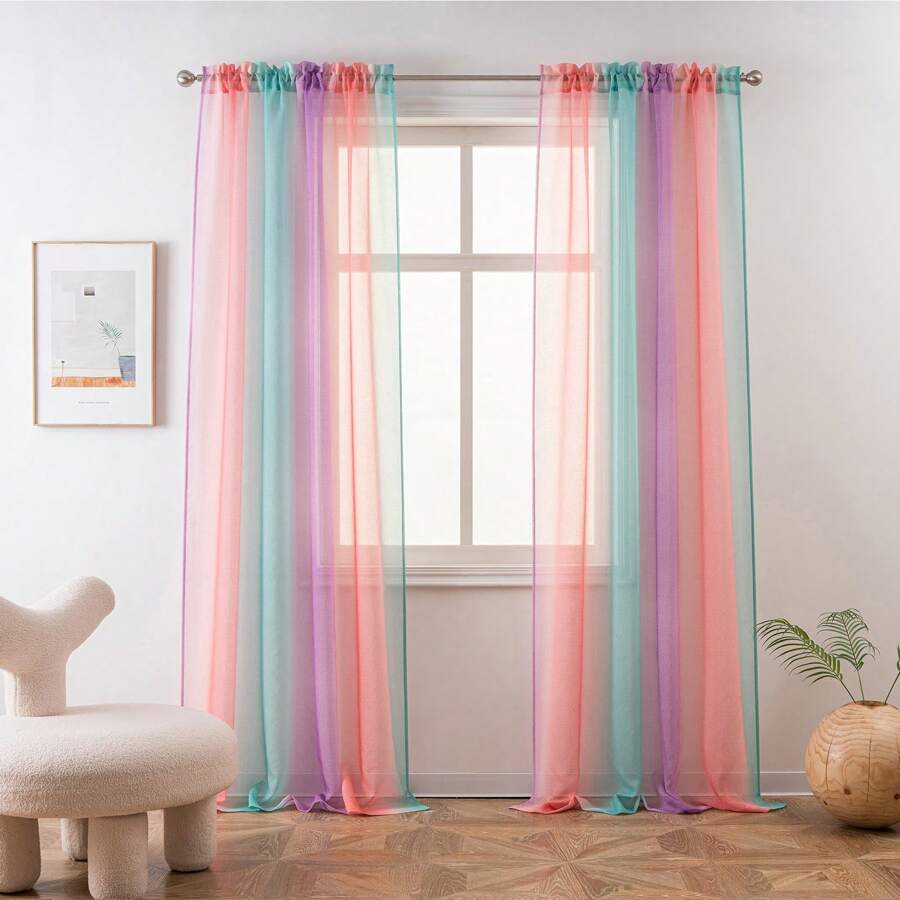 Yancorp Sheer Curtain 2 Panels Semi Bedroom Curtains Linen Ombre Curtains Rod Pocket Drapes Girls Living Room Mermaid Bedroom Nursery Kids Window Decor(Green Pink Purple)