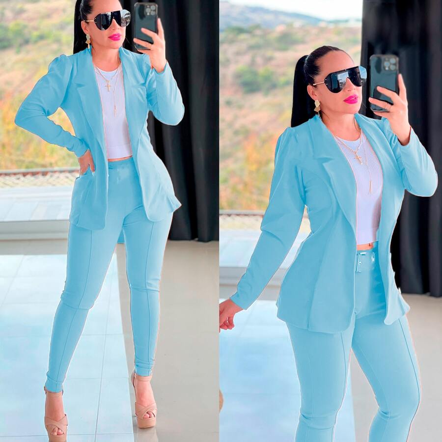 Conjunto femenino 3 piezas blazer pantalón y top - Azul menta - Ver 1