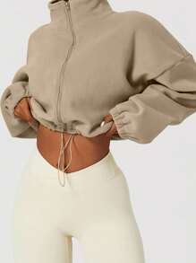 Women's Thickened Sports Jacket, Lamb Cashmere, Autumn And Winter Stand Up Collar, Loose Drawstring Zipper Hoodie