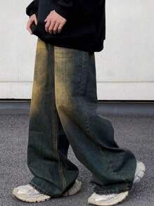 青少年男孩复古黄色泥洗宽松直筒牛仔裤，春秋，休闲阔腿裤 - 藍色 - 查看 3