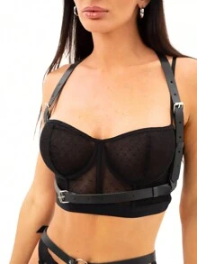 1 chiếc dây nịt da PU màu đen cho nữ phong cách đường phố, dây nịt ngực kiểu Gothic, đồ lót dự tiệc, trang phục rave - màu đen - Xem 2