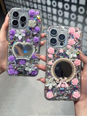1pc Sheer Luxe Pearl Crown Mirror Sparkle Diamond Phone Case Round Bow Mirror Purple Pink Flower Party Phone Back Cover Compatible With Samsung Galaxy S23 S24 25 Ultra A15 A13 A56 A52 A53 A55 A26 A34 And Compatible With IPhone 15 12 13 14 16 Plus 17 Pro Max