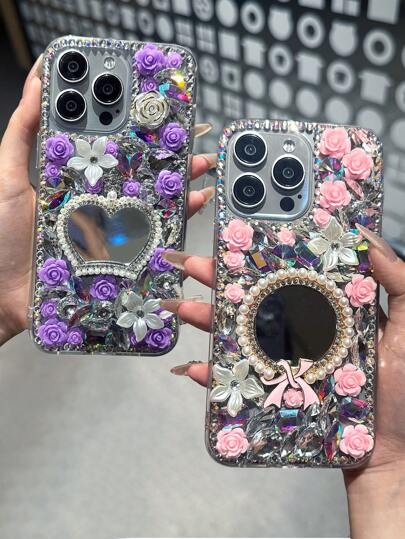 1 szt. Sheer Luxe Pearl Crown Mirror Sparkle Diamond Phone Case Round Bow Mirror Purple Pink Flower Party Phone Back Cover kompatybilny z Galaxy S23 S24 25 Ultra A15 A13 A56 A52 A53 A55 A26 A34 i kompatybilny z 15 12 13 14 16 Plus 17 Pro Max