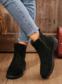 New Round Toe Solid Color Side Zip Short Chelsea Boots For Women, Fashionable & Soft Comfortable Suitable For Daily, Party And Event Wear - Black - View 4