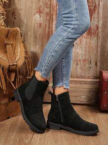 New Round Toe Solid Color Side Zip Short Chelsea Boots For Women, Fashionable & Soft Comfortable Suitable For Daily, Party And Event Wear - Black - View 5
