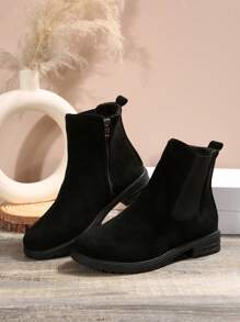 New Round Toe Solid Color Side Zip Short Chelsea Boots For Women, Fashionable & Soft Comfortable Suitable For Daily, Party And Event Wear - Black - View 7