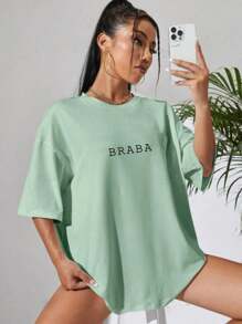 Overtec Oversized T-Shirt Funny Phrase Meme Street Loose Wide Sweatshirt - 薄荷綠 - 查看 2