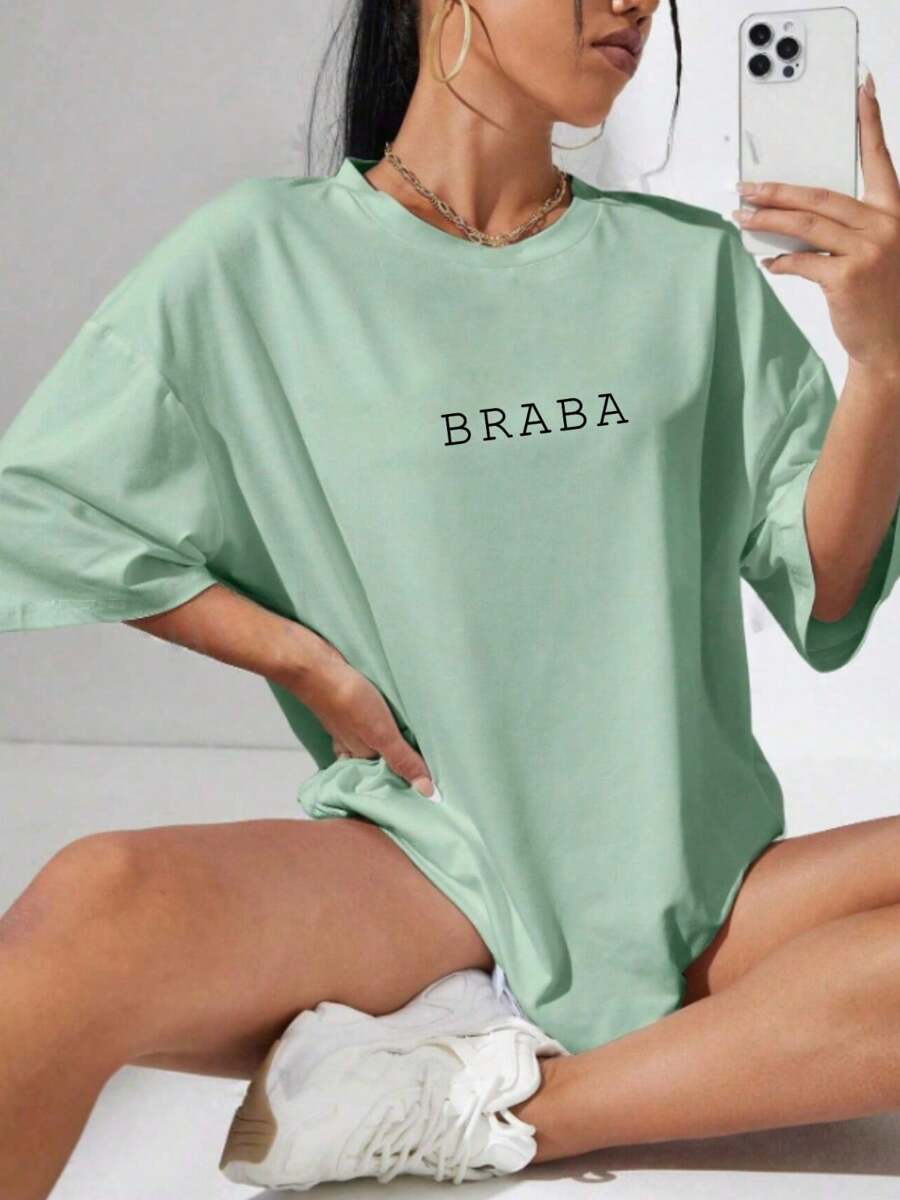 Overtec Oversized T-Shirt Funny Phrase Meme Street Loose Wide Sweatshirt - 薄荷綠 - 查看 1