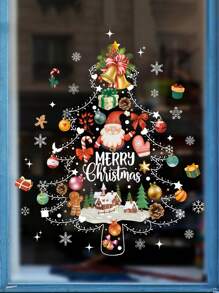 1pc Christmas Tree Window Clings Decal Stickers - Cartoon Santa Claus & Elk & Snowflake Pattern Static PVC Stickers For Seasonal & Holiday Decor, White Snowflake Static Glass Sticker For Winter Party And New Years Celebrations,Christmas