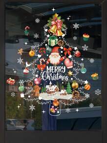 1pc Christmas Tree Window Clings Decal Stickers - Cartoon Santa Claus & Elk & Snowflake Pattern Static PVC Stickers For Seasonal & Holiday Decor, White Snowflake Static Glass Sticker For Winter Party And New Years Celebrations,Christmas