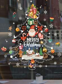 1pc Christmas Tree Window Clings Decal Stickers - Cartoon Santa Claus & Elk & Snowflake Pattern Static PVC Stickers For Seasonal & Holiday Decor, White Snowflake Static Glass Sticker For Winter Party And New Years Celebrations,Christmas