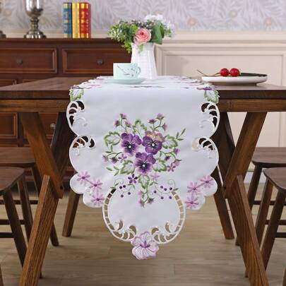 1pc, Polyester Polyester Table Runner, Exquisite Purple Hollowed-Out Flowers, Exquisite Hand Hollowed-Out Technology, Very Suitable For Runners Table Runner, Used For Living Room Desktop Decoration, Holiday Decoration, Picnic And Party Layout.