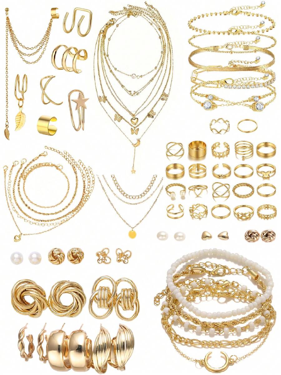 Bộ trang sức 18-73 chiếc Kiểu dáng đơn giản thanh lịch cổ điển Bướm, Trái tim, Ngọc trai giả, Nút xoắn, Ngôi sao, Mặt trăng, Đá giả, Dây rộng, Dây chuyền rắn, Dây chuyền bện, Hoa tai hình chữ C hình học, Dây chuyền, Nhẫn, Vòng tay cho ngày lễ, Tiệc tùng, Đeo hàng ngày - Nhiều màu - Xem 1