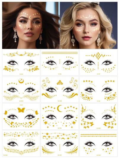 12 Sheets Face Tattoo Stickers Combo Set Gold Face Eye Fake Tattoo Stickers Body Temporary Tattoo Stickers Perfect For Your Masquerade Party