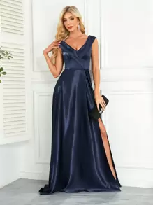 hezixi Women's Satin Cinched Waist A-Line Maxi Formal Dress, Elegant Banquet Evening Gown - Navy Blue - View 2