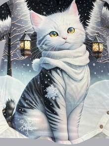 Women's Casual Fashion Round Neck Cat Print Long Sleeve Hooded Sweatshirt,Long Sleeve Tops - Black - View 4