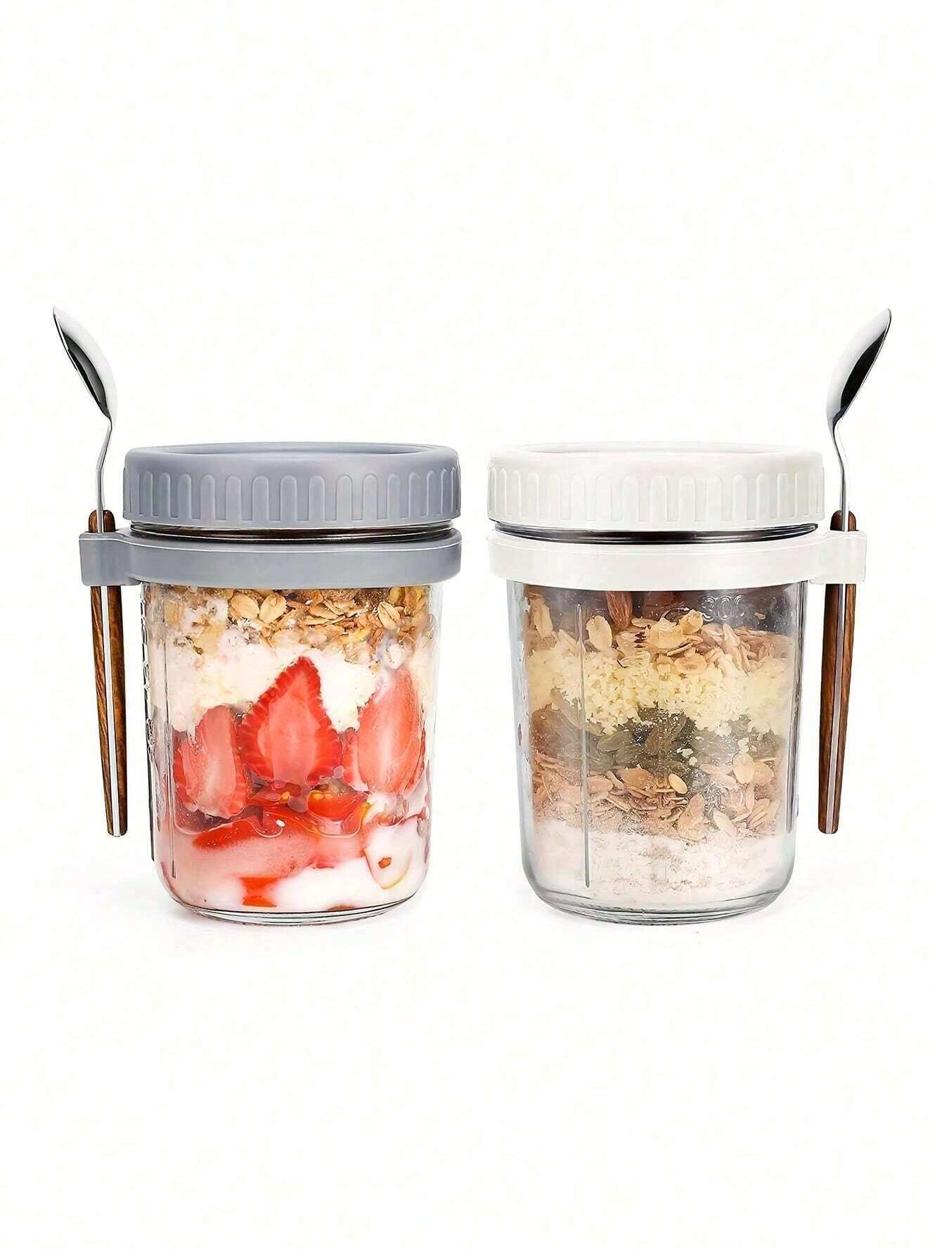 1set Overnight Oats Glass Food Storage Jars Set With Lids And Spoons