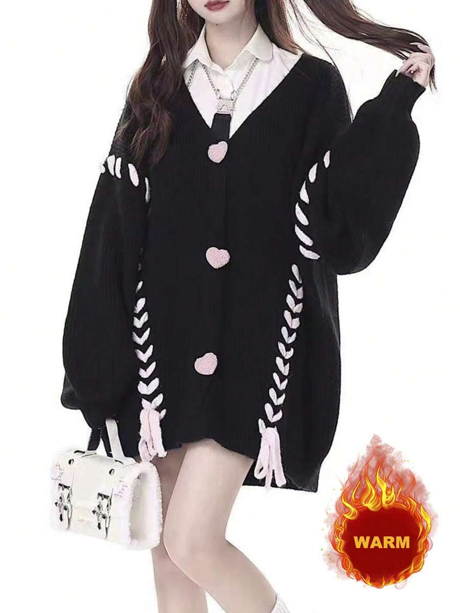 系带落肩开衫、长袖上衣 - 黑色 - 查看 1