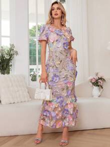 Women's Floral Embroidery Maxi Dress Wedding Guest Dress Evening Party Dress - Màu tím - Xem 5