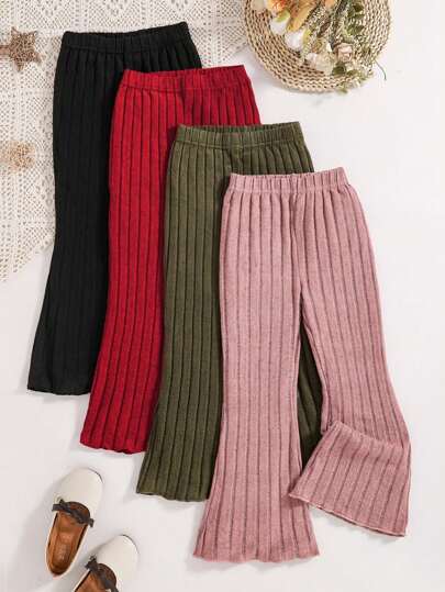 Paquete de 4 pantalones anchos de cintura elástica acanalados de unicolor para niñas, perfectos para primavera/otoño, cómodos, suaves y de moda en múltiples colores