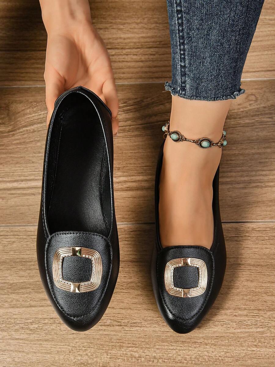 时尚新款平底一脚蹬女鞋加大码，防滑休闲乐福鞋，适合户外和日常穿着 - 黑色 - 查看 1