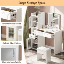 Dressing Table With Mirror And Stool, Modern Vanity Set, 3 Drawers And 2 Large Storage Cabinets, Bedroom Makeup Desk For Women Girls - White - View 5
