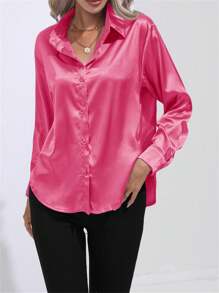 Women's Casual Turn-Down Collar Button Silky Satin-Faced Pique Long Sleeve Blouse - 玫紅色 - 查看 3