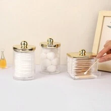 1/2/3 Pcs Qtips Dispenser Bathroom Container With Golden Lid , 10 Oz Qtips Ball Holder, Clear Plastic Apothecary Jar Organizer For Storage Qtips Swab, Round Pads, Floss Picks - Multicolor - View 2