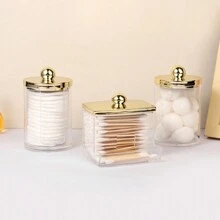 1/2/3 Pcs Qtips Dispenser Bathroom Container With Golden Lid , 10 Oz Qtips Ball Holder, Clear Plastic Apothecary Jar Organizer For Storage Qtips Swab, Round Pads, Floss Picks - Multicolor - View 4