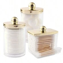 1/2/3 Pcs Qtips Dispenser Bathroom Container With Golden Lid , 10 Oz Qtips Ball Holder, Clear Plastic Apothecary Jar Organizer For Storage Qtips Swab, Round Pads, Floss Picks - Multicolor - View 1