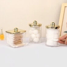 1/2/3 Pcs Qtips Dispenser Bathroom Container With Golden Lid , 10 Oz Qtips Ball Holder, Clear Plastic Apothecary Jar Organizer For Storage Qtips Swab, Round Pads, Floss Picks - Multicolor - View 3
