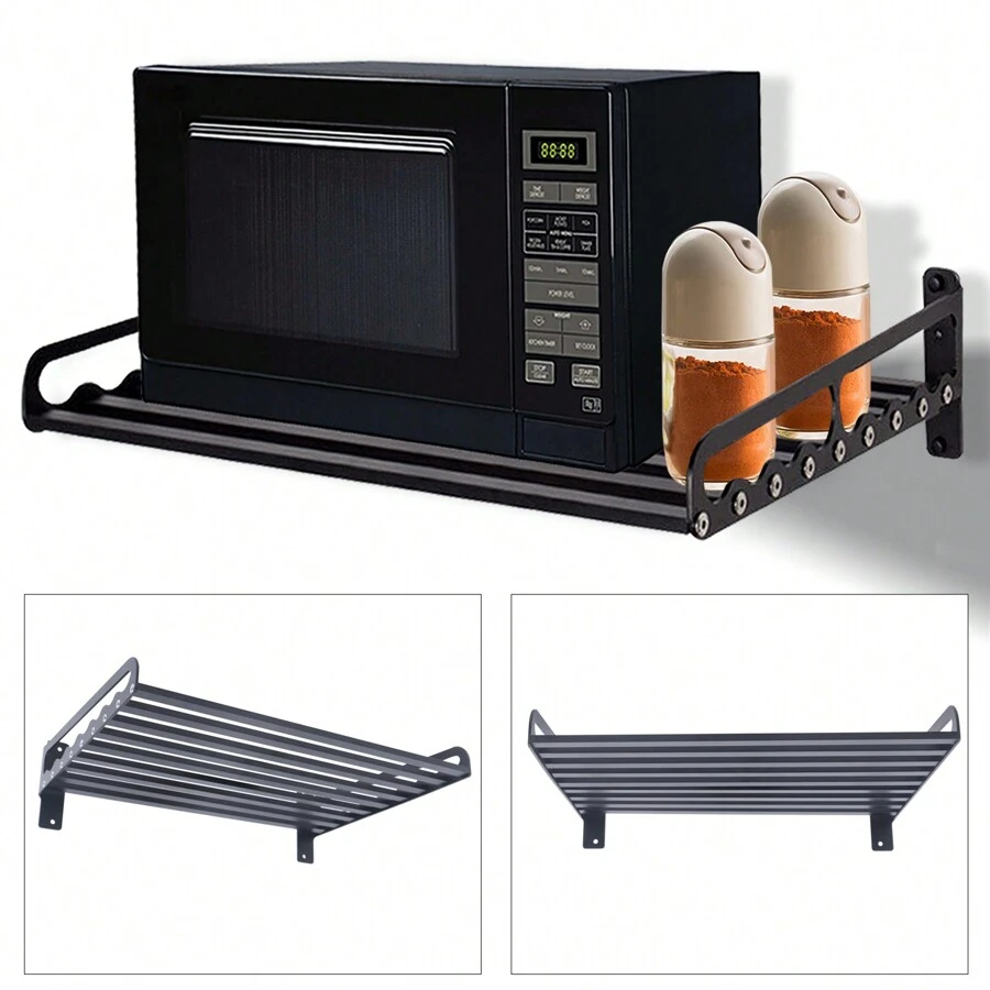 OUKANING Wall Mount Kitchen Microwave Oven Bracket Storage Cooker Holder Shelf Rustproof - 黑色 - 查看 1